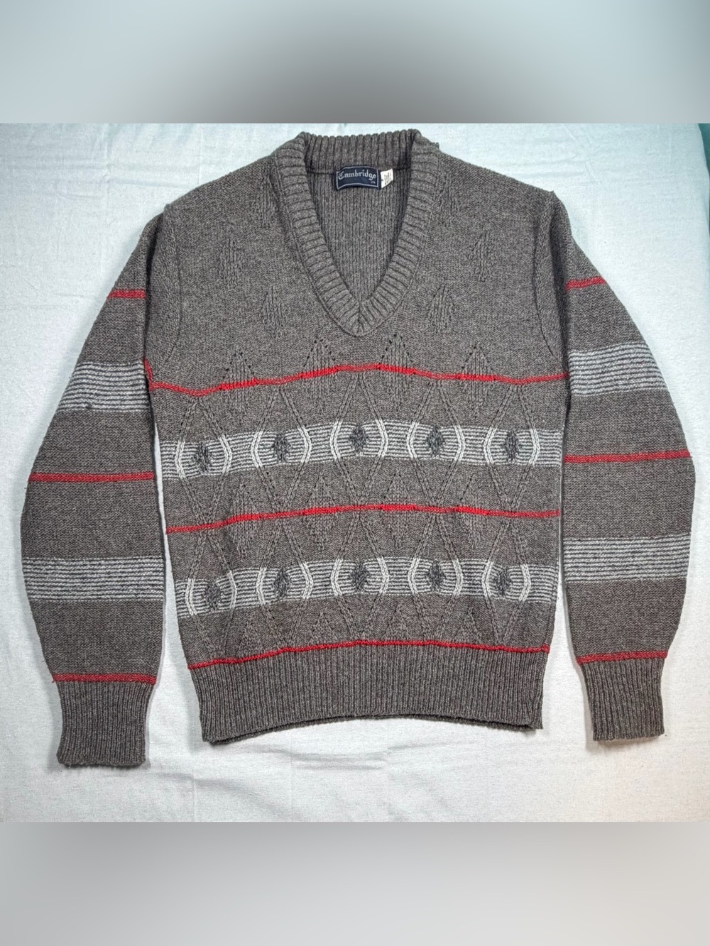 Vtg 80s Cambridge Ltd Mens M V Neck Sweater Wool Blend Gray Striped Made in USA
